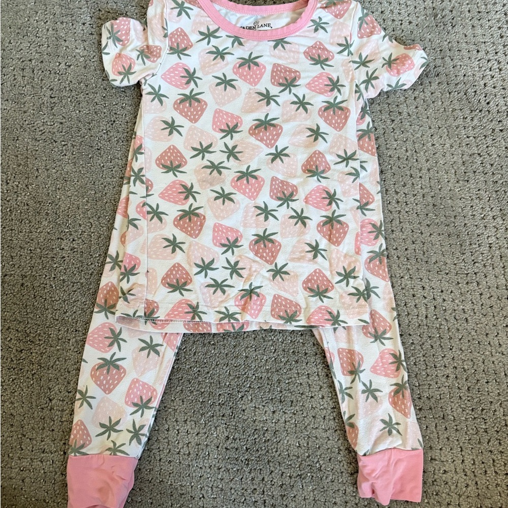 Caden Lane Pink and Green Strawberry Kids Pajama Set - Picture 2 of 3